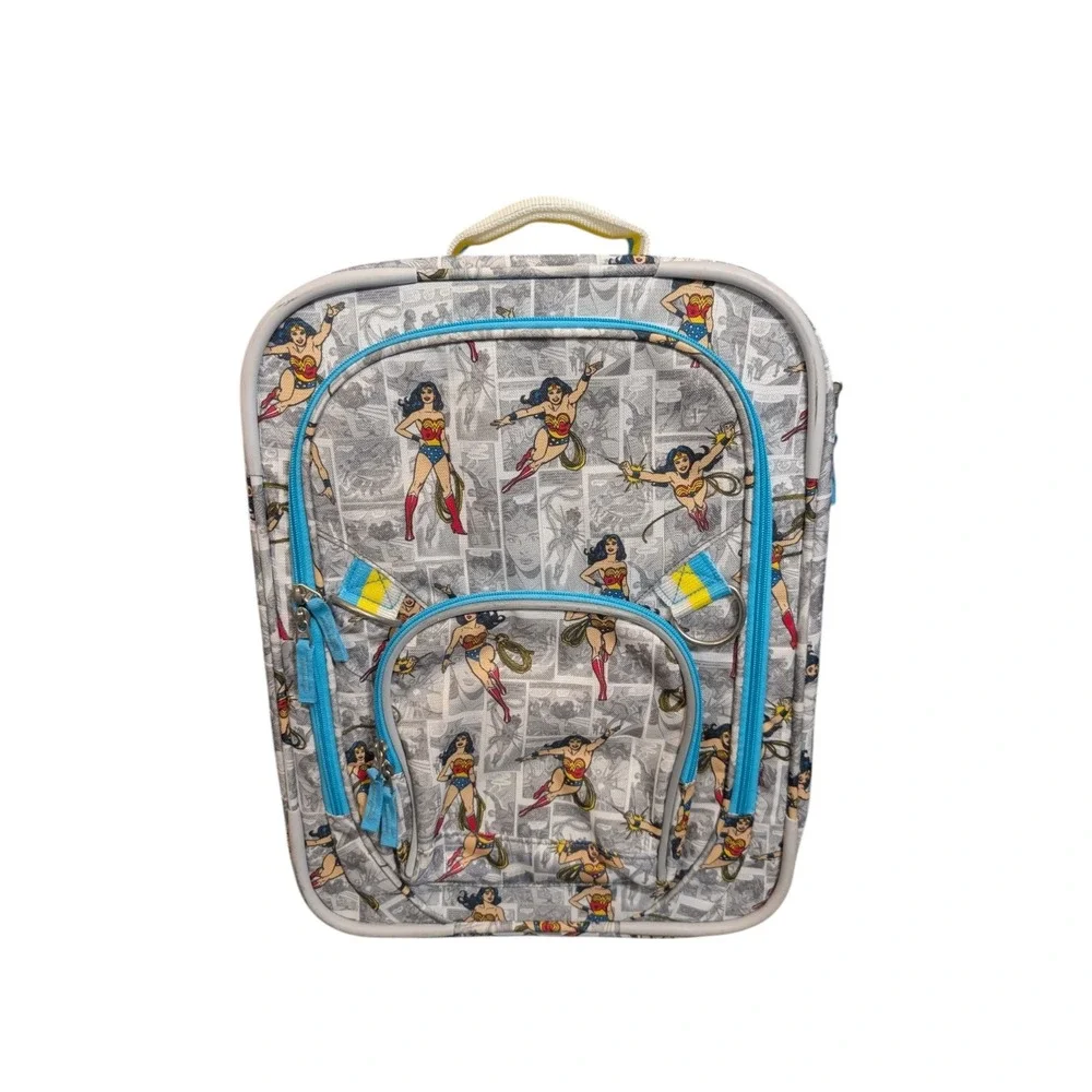 Pottery Barn Kids Wonder Woman Rolling Suitcase Comic Print Luggage Grey Blue